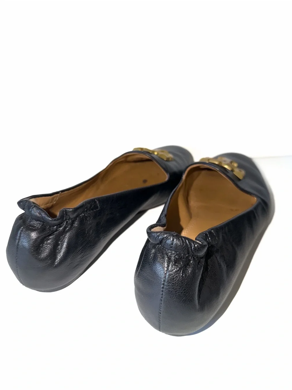 Tory Burch Eleanor Loafers Black Leather Pointed Loafers with Gold Logo Sz 9